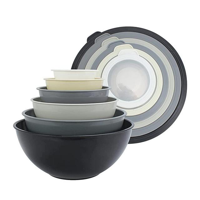 COOK WITH COLOR Mixing Bowls with TPR Lids - 12 Piece Plastic Nesting Bowls Set includes 6 Prep Bowls and 6 Lids, Microwave Safe Mixing Bowl Set (Black Ombre)