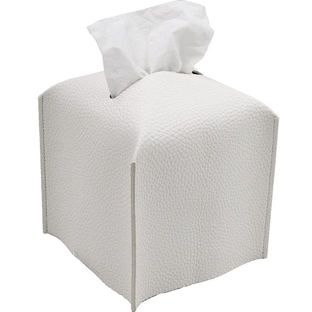 Livelab Tissue Box Cover, Square Decorative PU Leather Tissue Box Holder Modern Tissue Case Facial Paper Organizer Dispenser for Bathroom, Vanity Countertop, Night Stands, Desk 5X5X5'' | Off White