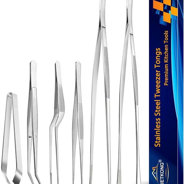 JETKONG 6 Pcs Cooking Tweezer Tongs, 12'' and 6.3" Stainless Steel Kitchen Tweezer Set, Professional Chef Tweezers for Cooking, Repairing, Sea Food, BBQ, Multi-use
