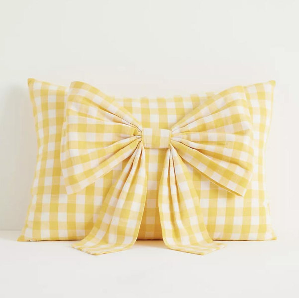 Ana Cotton Gingham Printed Bow Pillow
