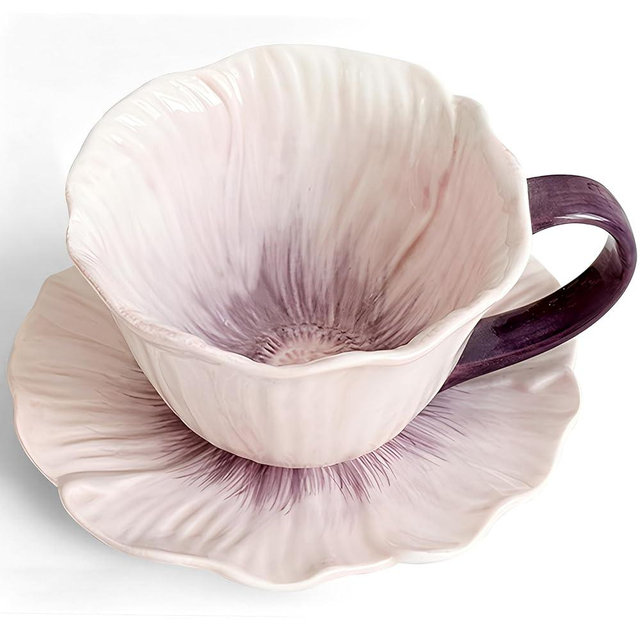 JUSONEY 11.8 oz Tea Cups and Saucers, Ceramic Flower-shaped Cappuccino Cup, Latte Cup and Saucer set, elegant floral Espresso Cup set, cups are microwave and dishwasher safe-Purple