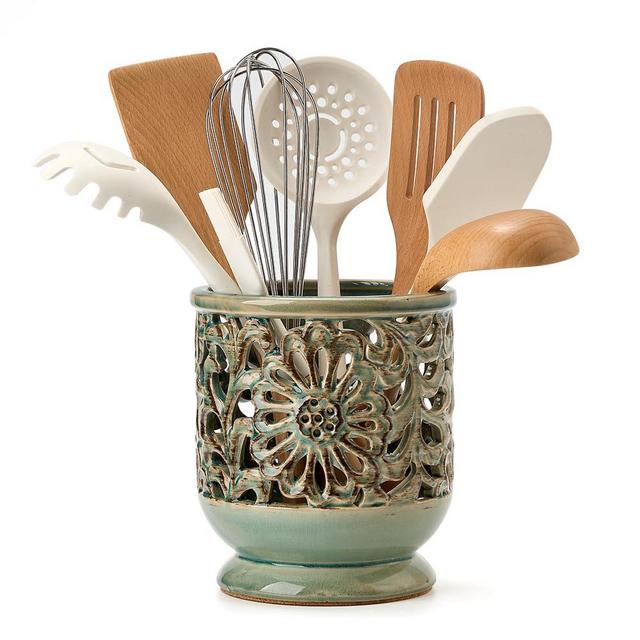 JH JIEMEI HOME Farmhouse Kitchen Utensil Holder for Countertop, Ceramic Large Cooking Utensil Crock with Cork Mat, Decorative Rustic Utensil Holder for Kitchen Counter, Hollow Carving Flower, Blue