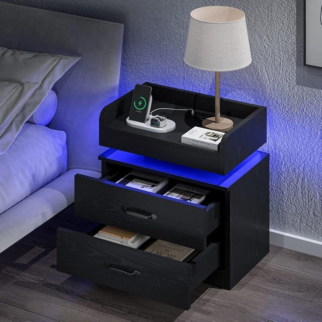4ever2buy Black Nightstand with Charging Station, Bedside Table for Bedroom, LED Nightstand, Modern Night Stand with Drawers, Black