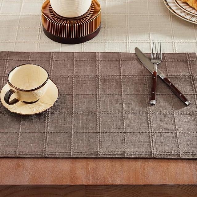 ZeeMart Linen Checked Placemats Set of 6, Plaid Embroidery Textured Table Mats, Double Layer Thick Farmhouse Rustic Place Mats for Kitchen Dining Table Home Decor, Cocoa Brown 13x19 Inch