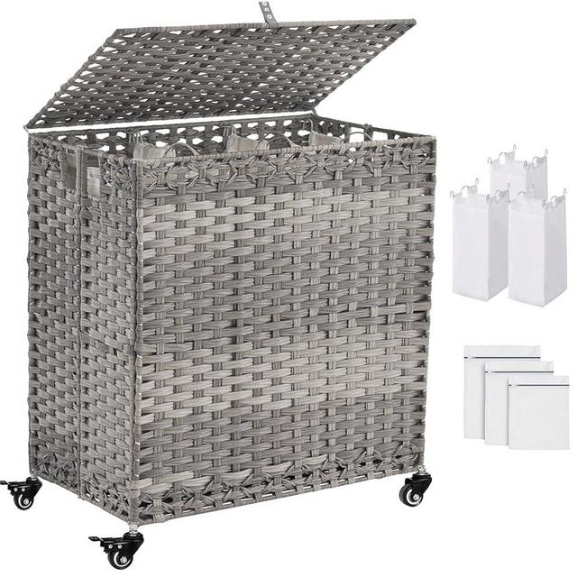 Laundry Hamper with Wheels&Lid, 50.2 Gallons(190L) Rolling Laundry Basket with Wheels, 3-Section Laundry Hamper, Handwoven Rattan Clothes Hamper with 3 Removable Liner&3 Mesh Laundry Bags, Grey