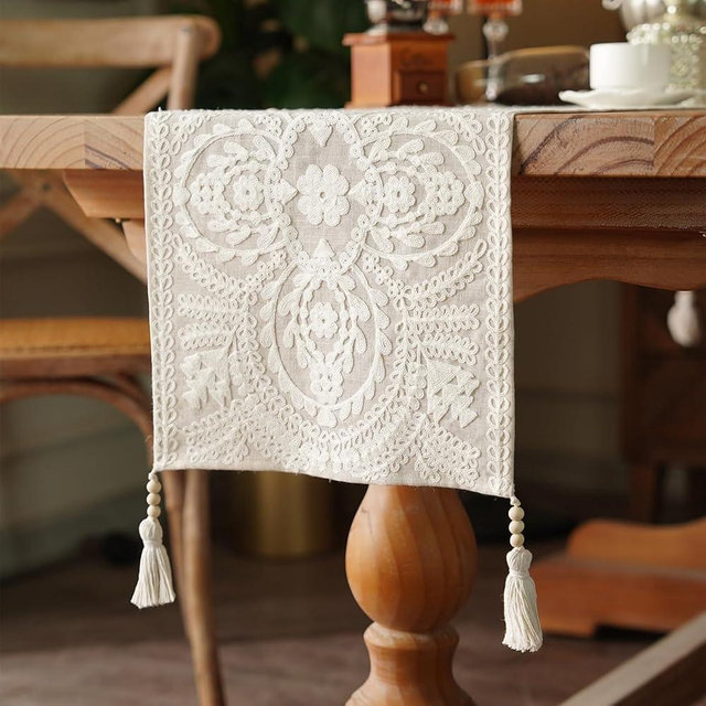 Artbloss Embroidered Table Runner Boho Farmhouse Dresser Scarf Macrame Rustic Lace Doily with Tassel for Kitchen Indoor Outdoor Fireplace (Beige, 14 x 112 Inches)