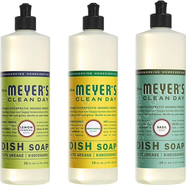 Mrs. MEYER'S CLEAN DAY Dish Soap Variety Pack Includes 1 Lemon Verbena, 1 Basil 1 Honeysuckle Dish Soap 16 fl oz. Each