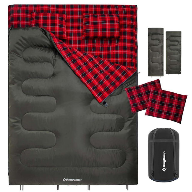 KingCamp Double Sleeping Bag for Adults, Queen Size 2 Person XXL Flannel Sleeping Bag, Waterproof Lightweight Flannel Quilt with 2 Pillows, Perfect for Couples Family Camping Hiking