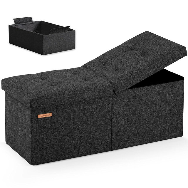 HAUSFRAU 31.5 Inches Ottoman with Storage, Folding Ottoman Bench Small Foot Rest Stool, Bedroom Bench with Flipping Lid, Linen Black