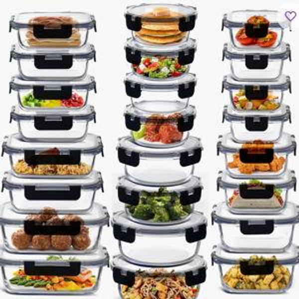 Prep & Savour Glass Storage Containers with Lids, Food Storage Containers with Airtight Lids - Gray