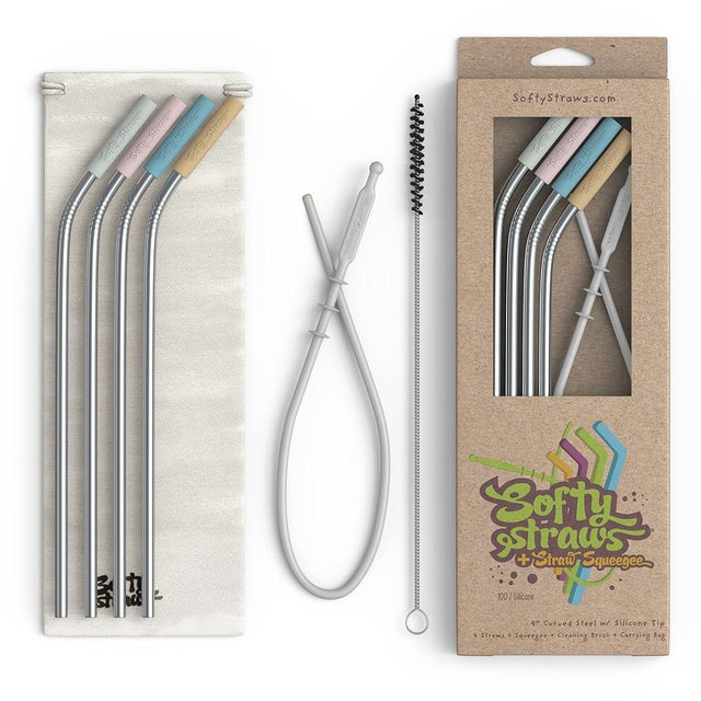 Softy Straws Premium Reusable Stainless Steel Drinking Straws With Silicone Tips + Patented Straw Cleaners and Carrying Case - 9” Long Metal With Curved Bend for 20/30/32oz Tumblers - Natural Colors