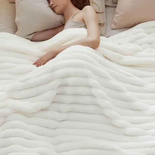 Bedsure Fleece Blanket Queen Size for Bed, Wider Striped Cute Large Fleece Throws for Girls, White, 90x90 inches