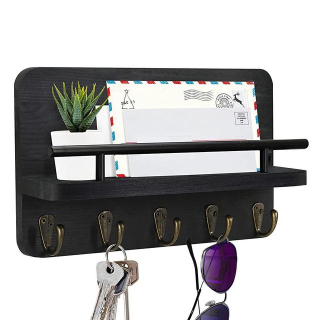 Mail Holder Organizer and Key Hooks , Rustic Wood Hanging Mail Sorter with 5 Key Hooks, Key Holder and Mail Shelf Wall Mounted, Letter & Newspaper Storage, Perfect for Entryway, Hallway