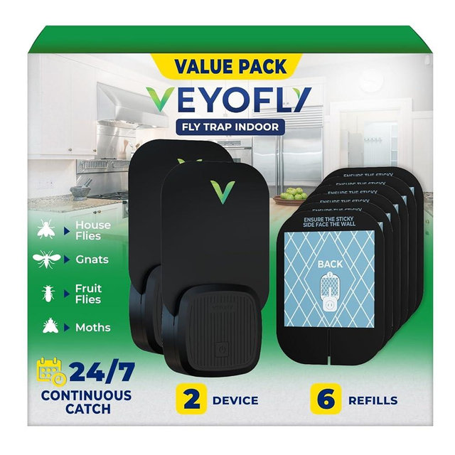 VEYOFLY Fly Trap Indoor, Fruit Fly Traps for Indoors, (2 Device + 6 Refills) Gnat Traps for House Indoor, Fly Catcher Indoor, Plug in Light Flying Insect Trap, Bug Light Killer, Fly Trap
