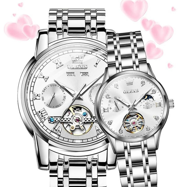 OLEVS Couple Watches Men and Women Automatic His and Her Set Watch Mechanical Tow Tone Stainless Steel Waterproof Luminous Date Wrist Watches