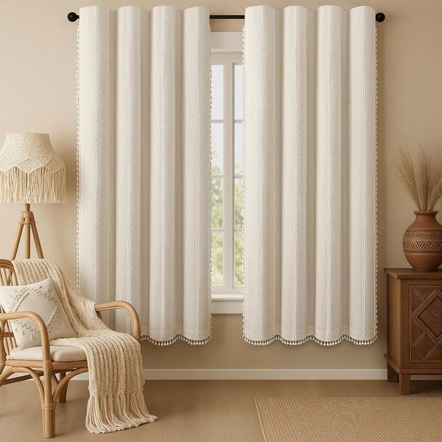 XOGUIBO Boho Blackout Curtains 72 Inches Long Beige Linen Blend 2 Panels with Tassels and Cotton Embroidery, Farmhouse Vintage Rustic Rod Pocket Drapes for Living Room or Bedroom