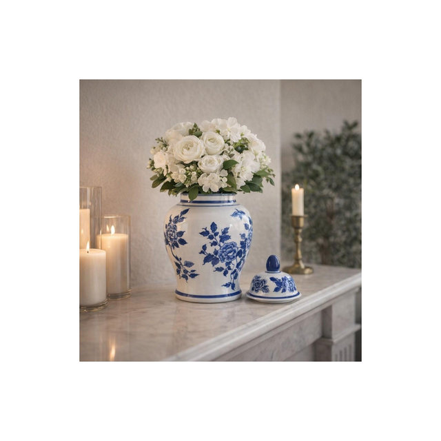 Sagebrook Home 10" Temple Jar with Lid - Ceramic White and Blue Chinoiserie Floral Stoneware for Home, Office