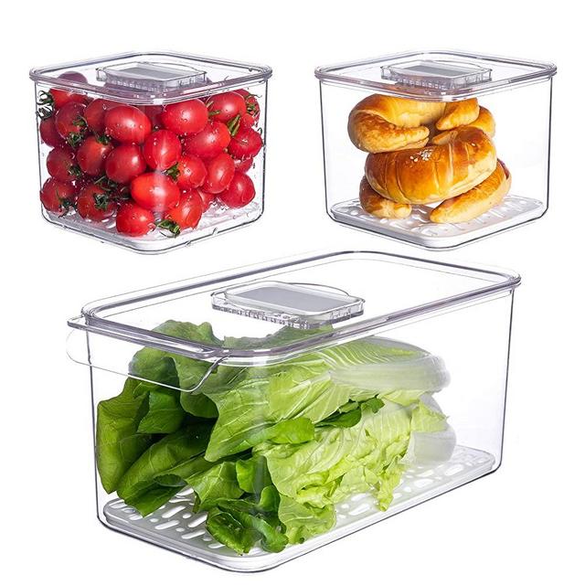 Vegetable Fruit Storage Containers,vacane 3 Pcs Set Fresh Produce Saver with Lids and Vents,Stackable Salad Lettuce Keeper for Refrigerator or Easy Carry,BPA-free Stay Fresh Containers,5.7L/1.7L/1.7L
