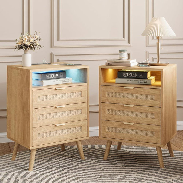 Halitaa Rattan Nightstand with Charging Station USB Port Led Lights and 3 Storage Drawers, Bedroom Furniture Night Stand Bedside Table Bed Side Table End Table Sofa Table (2 Pack)