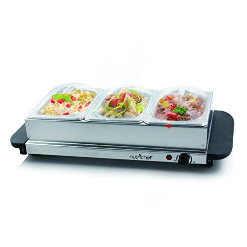 NutriChef 3 Buffet Warmer Server Professional Hot Plate Food Warmer Station , Easy Clean Stainless Steel , Portable & Great for Parties Holiday & Events Max Temp 175F