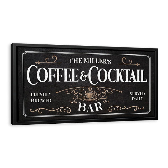 AWESOMETIK Personalized COFFEE COCKTAIL BAR Sign, Coffee Decor Set, Personalized Canvas Wall Decor with Custom Family Name Vintage, Rustic Kitchen Sign, Coffee Lover Gift, Coffee Bar Decor (Dark)