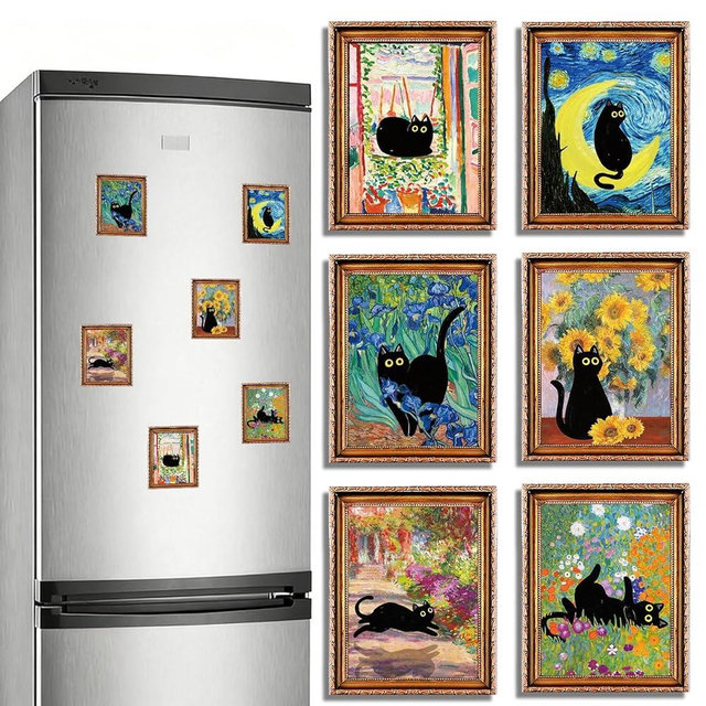Whaline 6 Pcs Art Print Wooden Refrigerator Magnets Magnetic Stickers Famous Painting with Black Cat Frame Magnet for Holiday Refrigerator Metal Garage Door