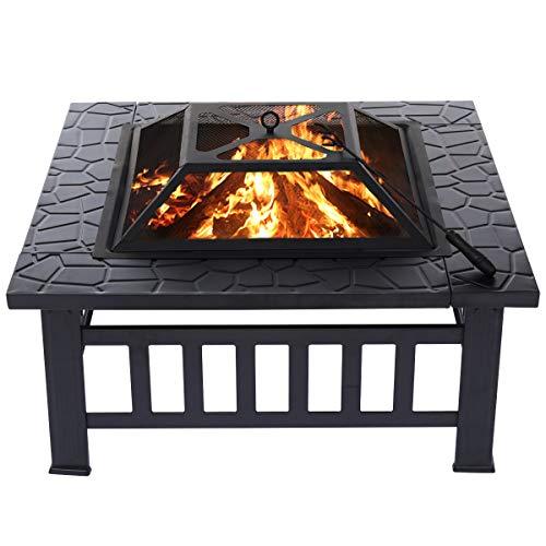 KINGSO 34'' Outdoor Fire Pit Metal Square Firepit Patio Stove Wood Burning BBQ Grill Fire Pit Bowl with Spark Screen Cover, Log Grate, Poker for Backyard Garden Camping Picnic Bonfire