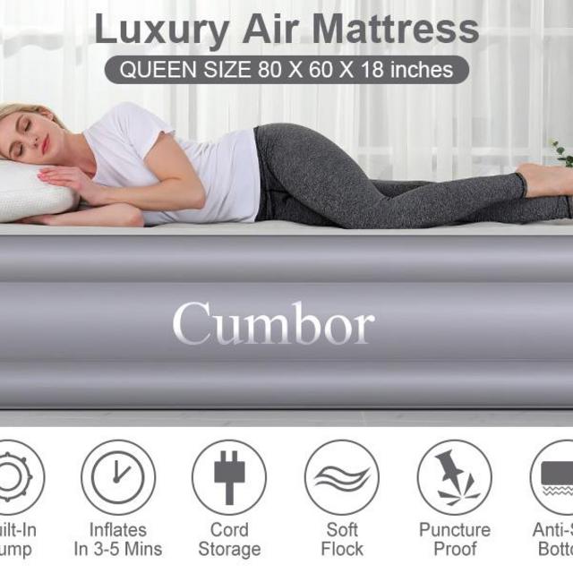 Cumbor Queen Air Mattress with Built-in Pump, Luxury Queen Size Inflatable Airbed with Air Coil Technology - Elevated Raised Double High Air Mattress, 80 x 60 x 18 inches, Grey