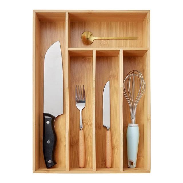 ORIDOM 5-Slots Bamboo Silverware Drawer Organizer for Kitchen,Bamboo Wood Cutlery Tray in Drawer for Flatware and Utensils in Kitchen, (Natural)