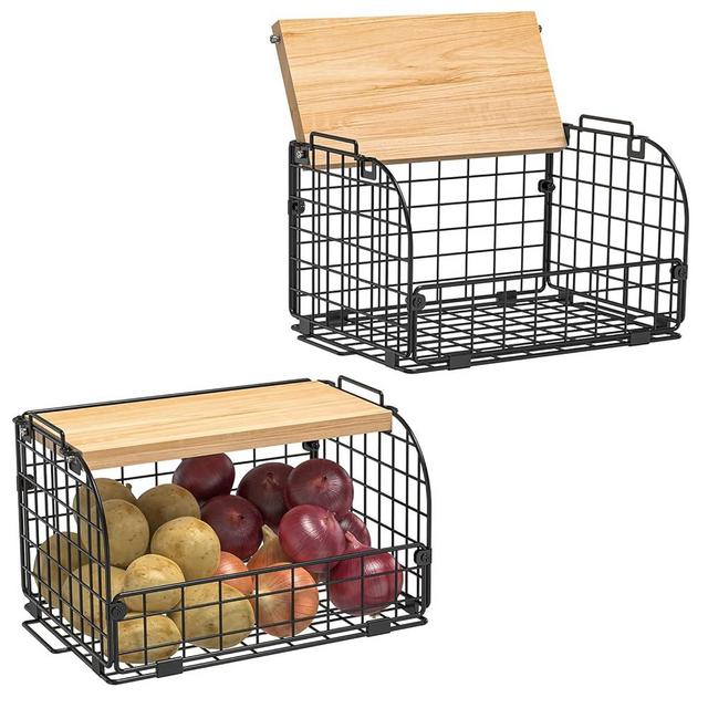 2 Set Stackable Wire Basket with Openable Top, Kitchen Counter, Pantry Organizer and Storage Produce Onion Potato Fruits Vegs Bread Food Snack Spice Organizing Bin for Cabinet Shelf Countertop Floor