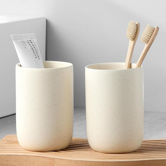 BSDISP Beige Toothbrush Holders for Bathrooms - 2 Cups Ceramic Toothbrush Toothpaste Holders Set, Beige Bathroom Tumbler Cups Reusable Toothbrush Mouthwash Cup, Bathroom Counter Organizer