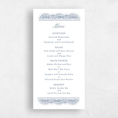 Dark Cobalt, White Wedding Menu - Carmel