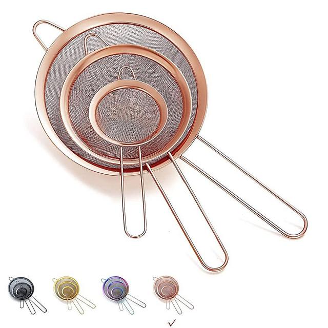 Copper Fine Mesh Strainer 3 Pieces Set, Rose Gold Flour Sifter For Baking, Stainless Steel Clander, Copper Matcha Tea Strainer, Gravy Separator, Stasher Sieve Pasta Strainers