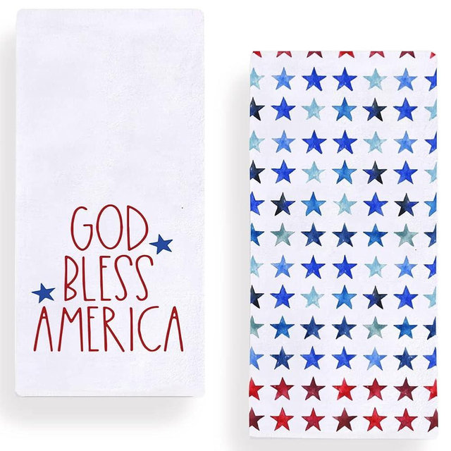 God Bless Ameica Patriotic Stars 4th of July Kitchen Towels Dish Towels, Memorial Day 18x28 Inch Decoration Hand Towels Set of 2