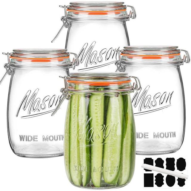 Anwoi Wide Mouth Mason Jars with Airtight Lid 32 oz 4 Pack - Large Mason Jars For Flour and Sugar With Scale Mark Food Storage Canning Jars for Pickling Flour Sugar Pasta Oats Cereal