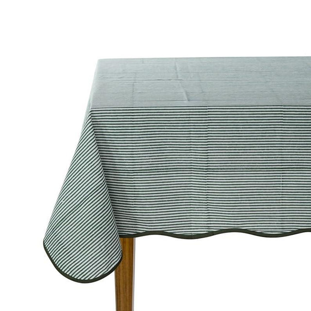 Ridhi Green Stripe Scallop 60x90 Inches Rectangle 100% Cotton Hand Block Print Washable Decorative Spring Summer Parties/Wedding Use,Fall décor Farmhouse Dining Dinner Tablecloth