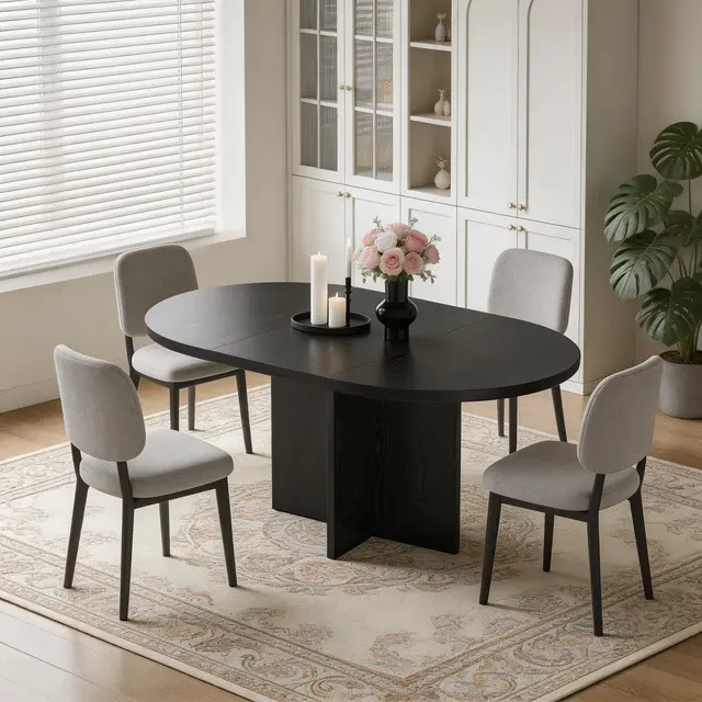 43.3''-59'' Extendable Round Dining Table for 4-8, Modern Kitchen Oval Dining Table with Removable Leaves, Wooden Kitchen Table
