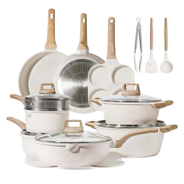CAROTE 21Pcs Pots and Pans Set, Nonstick Cookware Sets, White Granite Induction Cookware Non Stick Cooking Set w/Frying Pans & Saucepans(PFOS, PFOA Free)