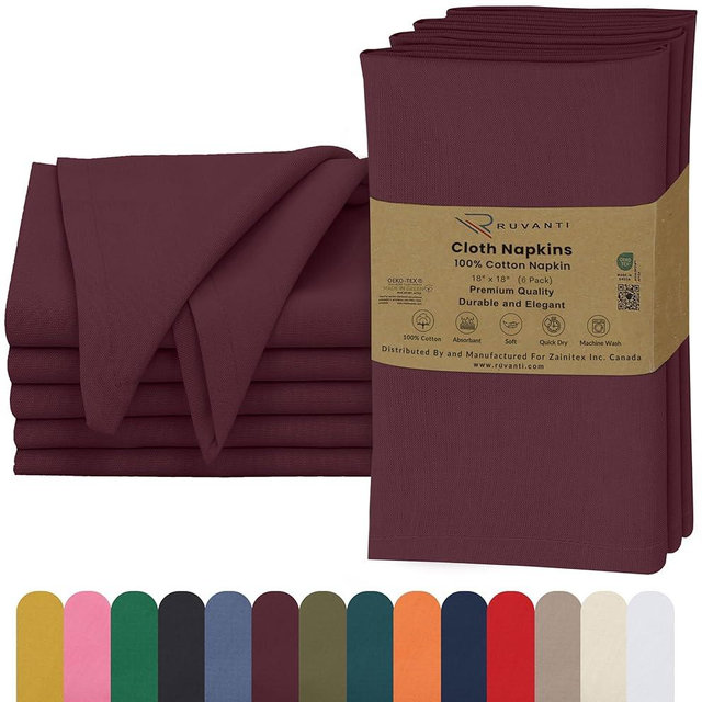 Ruvanti Cloth Napkins Set of 6, 18x18 Inches, Soft & 100% Cotton, Perfect for Weddings, Holidays & Dinners - Burgundy