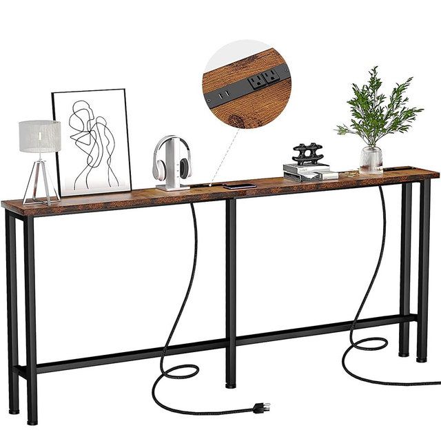 Keelian 78" Narrow Console Sofa Table - 2 Power Outlets & 2 USB Ports, Metal Frame, Rustic Brown, 2 Pack - Perfect for Hallway, Office, and Behind Sofa - Easy Assembly, 4.9" Extension Cord Included