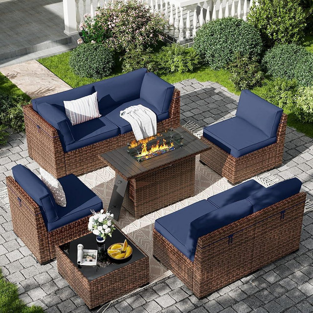 Amopatio 8-Piece Outdoor Patio Furniture Set with 44" Fire Pit Table, Modern Rattan Sectional Couch with Tempered Glass Coffee Table, Thickened Cushions and Include Waterproof Cover (Navy Blue)
