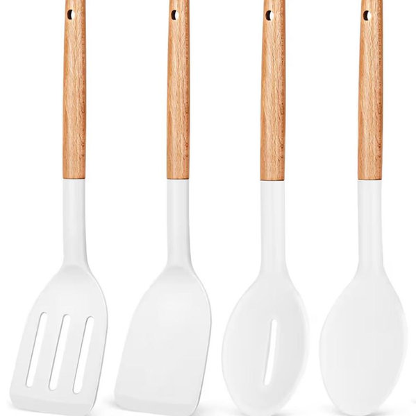 Pack of 4 Silicone Cooking Utensils Set, Non Stick Solid Spatulas and Heat Resistant Slotted Spoons with Wooden Handle, Ideal Wood Kitchen Utensils Set for Frying,Serving,Turning,Stirring (WHITE)