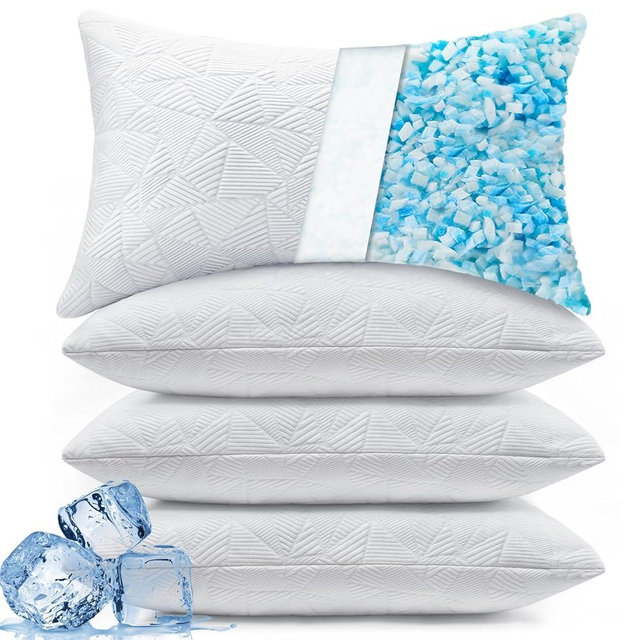 BETU Cooling Pillows Queen Size Set of 4,Shredded Memory Foam Bed Pillows for Sleeping,Adjustable Firm Cool Pillow for Neck Pain and Side SleeperWhite