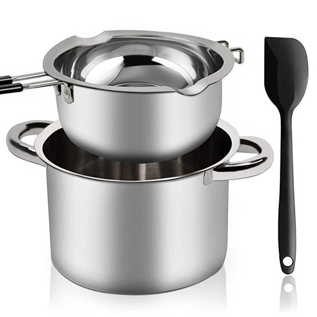 Double Boiler Pot Set,1200ML/1.1QT Double Boiler for Chocolate Melting, 2800ML/2.54QT 304 Stainless Steel Pot With Silicone Spatula for Melting Chocolate, Candy, Candle, Soap, Wax