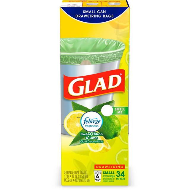 Glad OdorShield Febreze Sweet Citron & Lime Small Drawstring Trash Bags - 4gal - 34ct