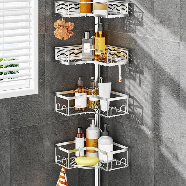 ALLZONE Corner Shower Caddy Tension Pole with 4 Repositionable Hang-On Baskets, Mixed-Height Shelves for Tall Bottles, 8 Dual Hooks & Soap Dish, Rust-Resistant Stainless Steel, Adjustable 34-116 Inch