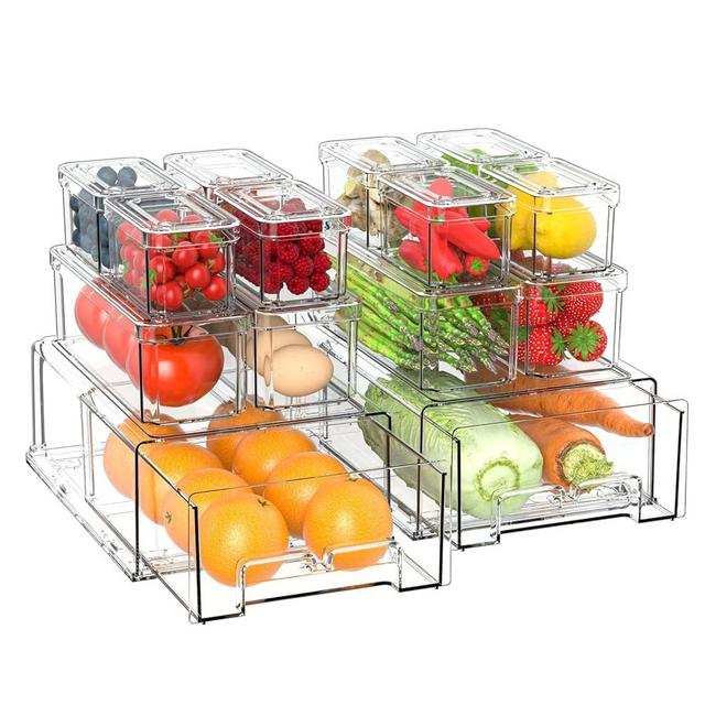 BOICHU Refrigerator Organizers and Storage - 14 Pack Clear Fridge Organizer Bins with Lids and Pull Out Drawers, 3 Size Stackable Fruit Storage Containers for Fridge, Keep Fruit and Vegetable Fresh
