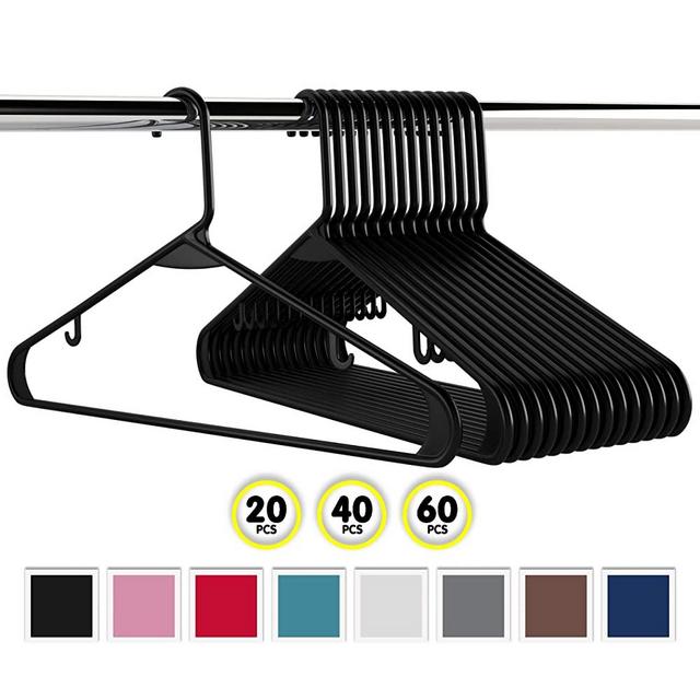 NEATERIZE Plastic Clothes Hangers | Heavy Duty Durable Coat and Clothes Hangers | Vibrant Colors Adult Hangers | Lightweight Space Saving Laundry Hangers | 20, 40, 60 Available (20 Pack - Black)