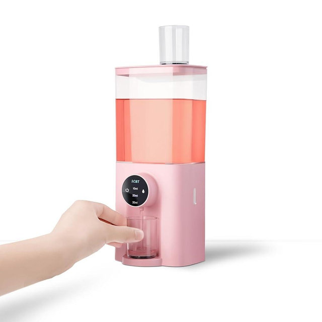 J.C&T Automatic Mouthwash Dispenser for Bathroom,22 FlOz Dispensers with Magnetic Cups,Toothbrush Holders Wall Mounted Adjustable Dispensing Levels,Suitable for All Age Groups,Pink