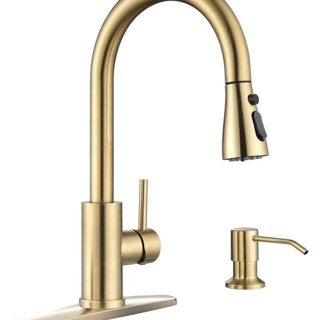 APPASO Gold Kitchen Faucet with Soap Dispenser, Brushed Gold Kitchen Sink Faucet with Pull Down Sprayer, Modern High Arch Single Handle Sink Faucet for Kitchen, 3 Modes & Champagne Gold